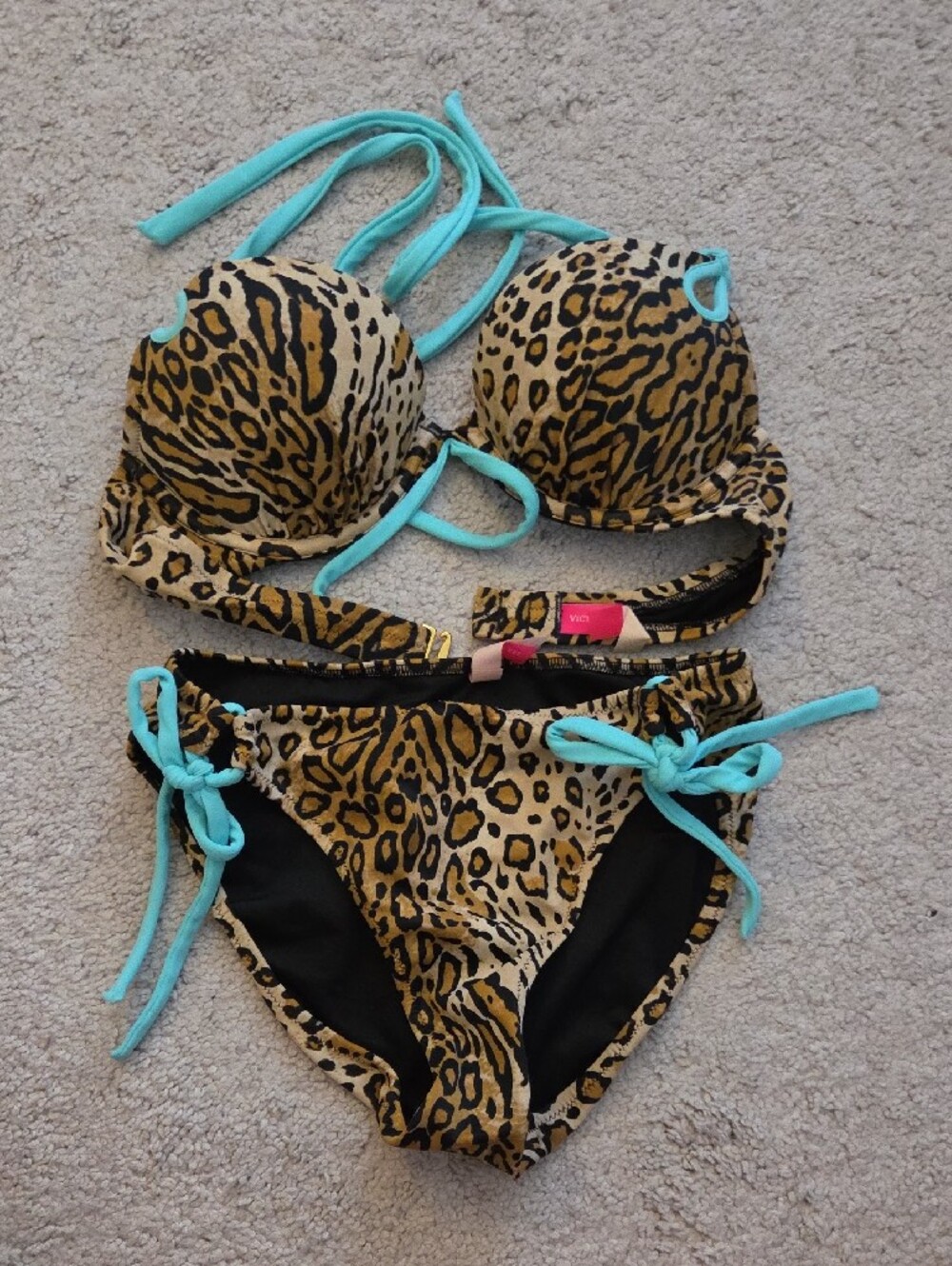 Victoria's Secret Swim Two-Piece Bikini Set Leopard Print with Aqua Accent